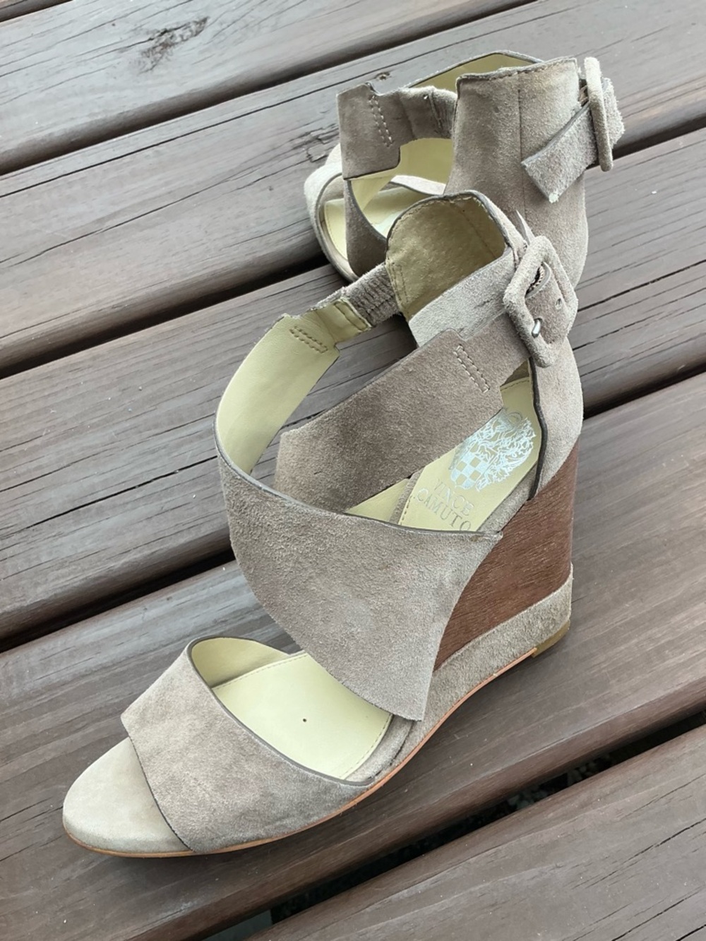 Taupe Suede Crisscross Wedge Sandals - Women